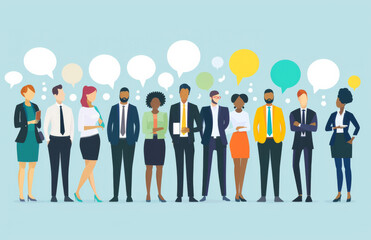 Cartoon, abstract and business people with speech bubble for speaking, discussion and talking. Animation, corporate and graphic of candidate with communication for recruitment, hiring and interview