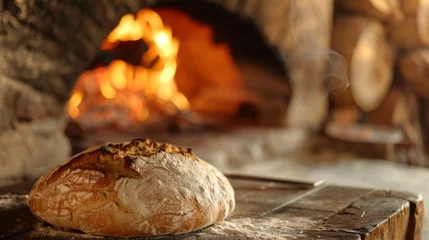 Zelfklevend Fotobehang A traditional woodfired oven emitting a warm glow as it bakes a loaf of bread to perfection with a rustic farmhouse setting in the background. . © Justlight