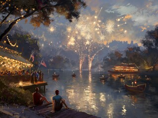 A painting of a lake with people on a dock and fireworks in the background. The mood of the painting is festive and lively - obrazy, fototapety, plakaty