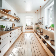 Sleek and functional minimalist kitchen in Sweden, highlighted by earth tones and morning light, within an eco-friendly home.