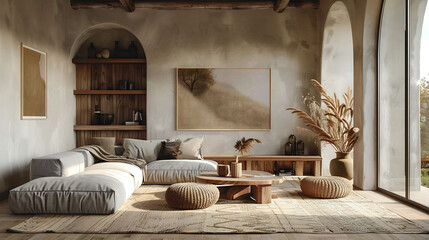 Mock up poster in warm Scandinavian style living room interior with wooden decor, 3d render