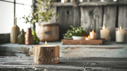 Blank mockup of a rustic wooden candle holder with a natural finish. .