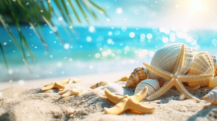 Seashells and starfish on sandy beach. Summer vacation concept