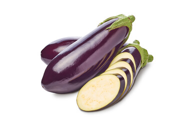 A bunch of eggplant, one sliced in half, isolated on white background. Clipping path