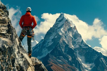 A mountaineer is enjoying the snowcovered landscape at the top of a mountain