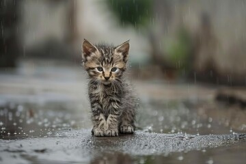 sad abandoned kitten in the rain stray cat needing shelter and love emotional photo - obrazy, fototapety, plakaty