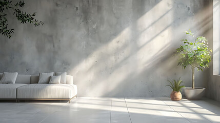 Modern interior design of a living room in an apartment, house, office, bright modern interior details and sun rays from the window against the background of concrete walls
