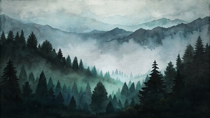 Misty Mountain Morning View - obrazy, fototapety, plakaty