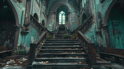 Eerie Silence in the Abandoned Sanctuary. Concept Abandoned Sanctuary, Eerie Silence, Photography, Spooky Atmosphere, Urban Exploration - obrazy, fototapety, plakaty