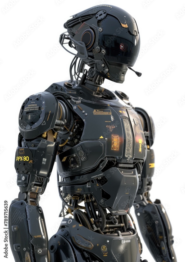 Poster a robot is standing in front of a white background. generative ai.
