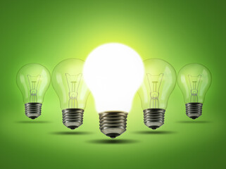Light bulb, row and green background for bright, electricity and idea for innovation or...