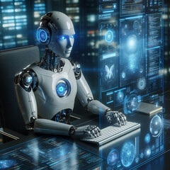 Fototapeta premium Artificial Intelligence Humanoid Robot at Work with a Keyboard on Machine in Factory to Diagnose Problems in Industrial Production or Medical Patient with Technology Holograms. Data Network Connection