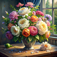 bouquet of fresh flowers in vase on wood