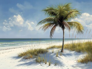 A palm tree is standing on a beach with a clear blue sky