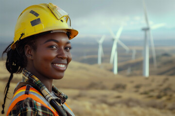 A young woman, clad in a vibrant orange safety vest and wearing a yellow hard hat, overlooking a wind farm. Green energy concept