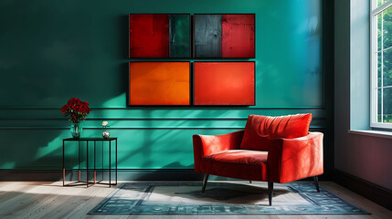 Paintings on the green wall in living room interior with red armchair and black side table with a flower vase on top