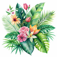 watercolor of tropical spring floral green leaves