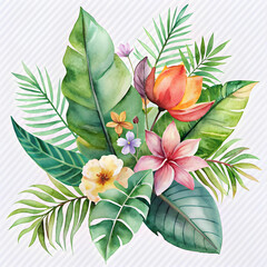 watercolor of tropical spring floral green leaves