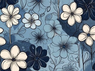 Abstract flowers in line art style in color blue and white