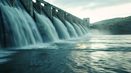 Out of focus shot of a dam and its powerful water flow a symbol of renewable energy and sustainability. .