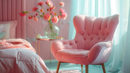 Retro pink chair in adorable pink bedroom with pastel bedding on bed and flowers in glass color vase on table, realistic interior design