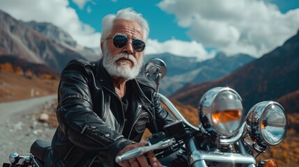 Senior biker with gray beard in leather jacket and sunglasses sitting on vintage custom motorcycle.