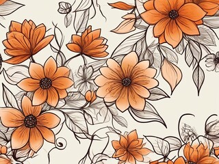 Abstract flowers in line art style in color orange and beige