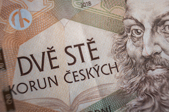 Close-up on dve ste czech koruna Banknote inflation economic in Czech republic concept