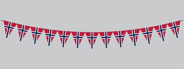 Norway string of triangular flags, Norwegian national day, pennants, retro style vector illustration
