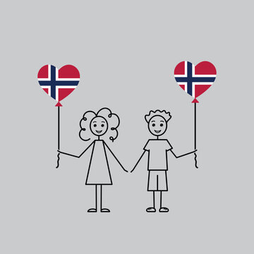 norwegian children, love Norway sketch, girl and boy with a heart shaped balloons, black line vector illustration