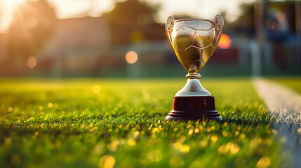 Gold trophy on the background of a football stadion, Success concept, competition concept. Space...