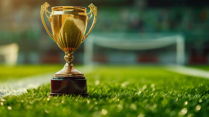 Gold trophy on the background of a football stadion, Success concept, competition concept. Space for text, Generative AI