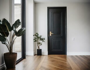 A minimalist room with a contrast of a black door against a white wall. The hardwood flooring complements the black door, creating a modern aesthetic