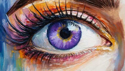 A vibrant painting showcasing a womans eye with violet iris, detailed eyelashes, and flawless eyebrow on a white canvas. A beautiful piece of art depicting vision care and human body beauty