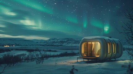 Escape from the hustle and bustle of daily life and unwind in your dreamy pod surrounded by the breathtaking beauty of the Northern Lights. 2d flat cartoon. - obrazy, fototapety, plakaty
