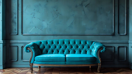 turquoise sofa classic living room decoration grey and blue wall horizontal banner with empty wooden floor interior style, realistic interior design