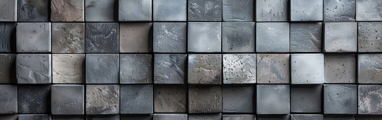 Vintage Gray and White Geometric Mosaic Tiles on Concrete Background - Retro Square Motif Texture Banner
