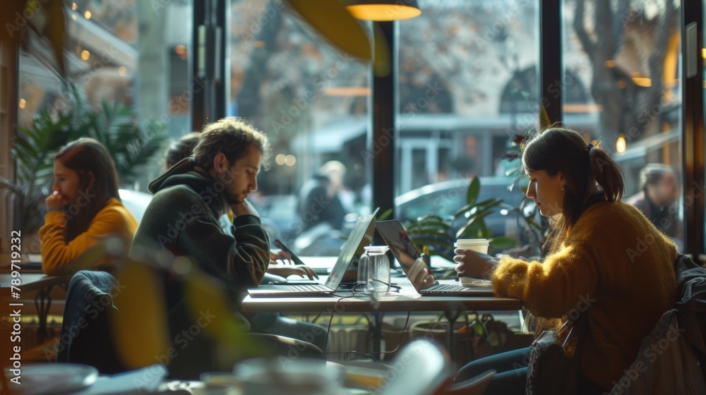 Poster a defocused background featuring a group of writers in a cafã© each lost in their own world as they 