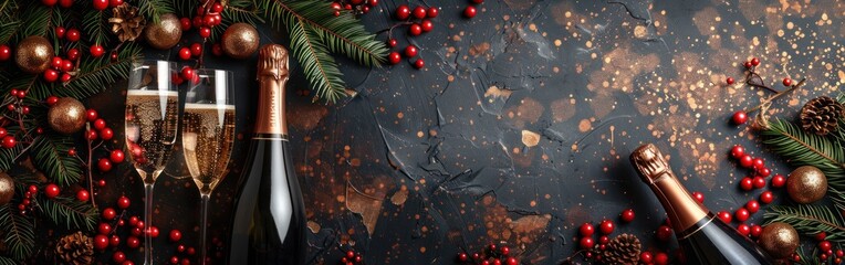 New Year's Greetings - A festive panorama with champagne, glasses and bucket, celebrating the holiday with fireworks against a black wooden background. - obrazy, fototapety, plakaty