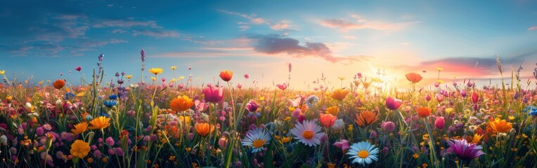 Blooming Beauty: Panoramic Landscape of Colorful Flowers in Garden Field with Blue Sky and Sunshine