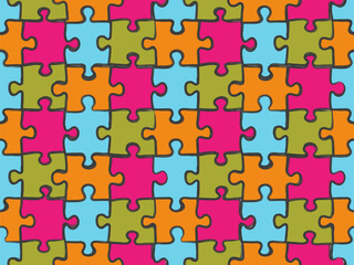 Hand drawn colorful puzzle pattern. Jigsaw pieces vector  seamless background