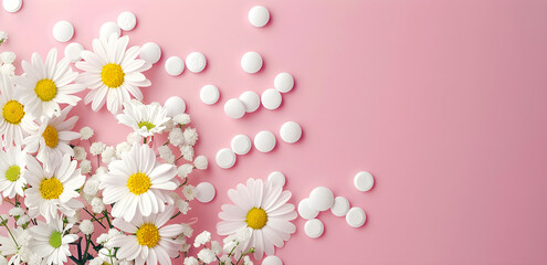 Horizontal banner with white pills, white daisies, and pink background for celebrating and honoring medical professionals and important healthcare events.