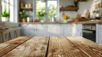 Wood table top on blurred kitchen background. can be used mock up for montage products display or design layout\t, realistic interior design