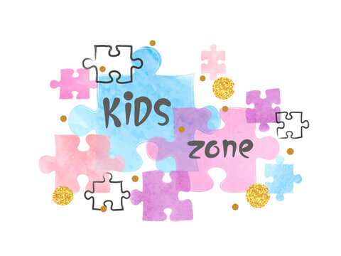 Kids poster design with colorful puzzle pieces. Vector watercolor kids zone illustration	