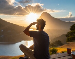 thought provoking photograph of a man sitting in front of the sun creating a touching silhouette Ideal for projects delving into self reflection and mindfulness