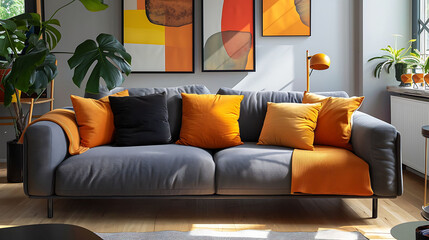 Yellow, orange, black and brown pillows on comfortable grey scandinavian sofa in bright living room interior with abstract paintings on the wall, realistic interior design