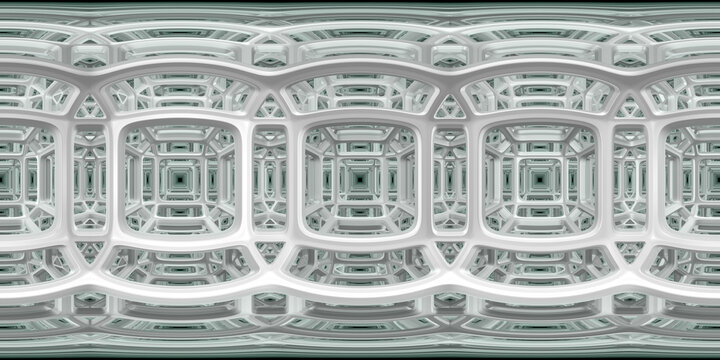 White geometric fractal of a 360-degree spherical panorama.