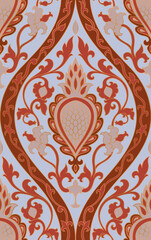 Seamless blue and red pattern with ornamental flowers. Vintage floral damask ornament. Background for wallpaper, textile, carpet and any surface. 