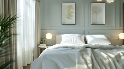 Close-up of bedroom interior in scandinavian design with a white bed and modern chandelier