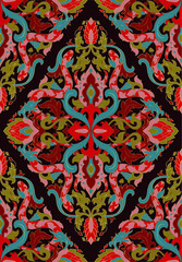 Colorful damask background with snakes. Seamless colorful pattern for wallpaper, textile, carpet. Stylized floral design.